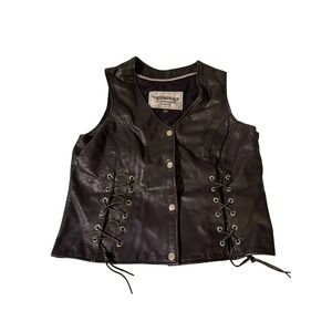 Unik Lightweight Premium Leather Motorcycle Vest Black Side Lace Large